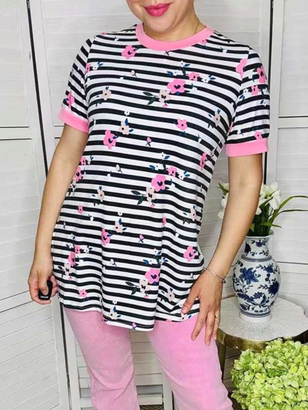 Striped Floral Tee with Pink Trim‎